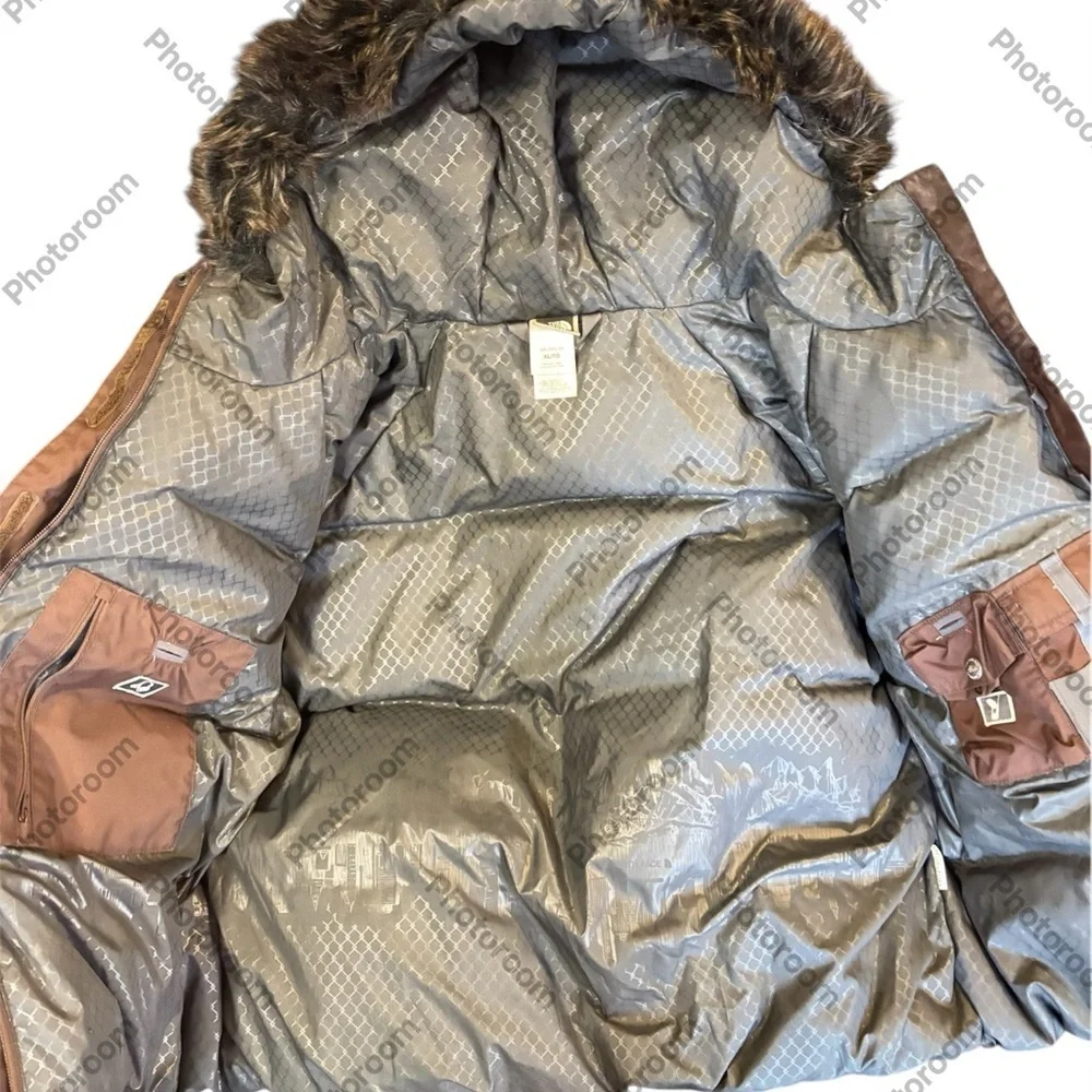 North Face short Jacket Womens Brown down fur Hood belt Greenland Hyvent